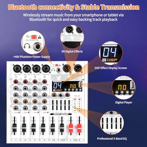 Professional 4-Channel DJ Audio Mixer with Bluetooth, 5-Band EQ, 99 DSP Effects, USB Audio Interface, +48V Phantom Power for Live Streaming, Podcasting, Karaoke, Home Studio Recording