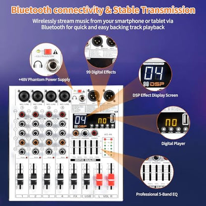 Professional 4-Channel DJ Audio Mixer with Bluetooth, 5-Band EQ, 99 DSP Effects, USB Audio Interface, +48V Phantom Power for Live Streaming, Podcasting, Karaoke, Home Studio Recording