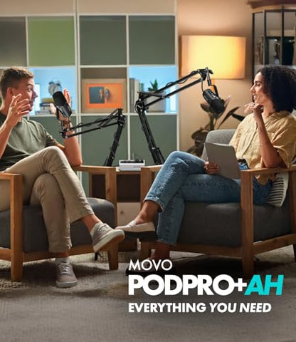 Movo Pro Portable Podcast Equipment Bundle for iPhone/Android Phones- Podcast Kit with Audio Interface, 2 UM6 Dynamic Mics, 2 Headphones, 2 Boom Arms - for Smartphones, Computers, PC, Mac - style: with Boom Arms and Headphones