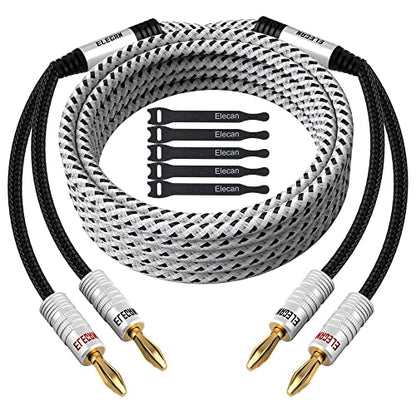 14 AWG Speaker Cable Wire 25 Feet with Gold-Plated Banana Tip Plugs-CL2 Rated-in Wall-Heavy Duty Nylon Braided, Oxygen-Free Copper (OFC)-White-with 5 Cable Ties - size: 25FT