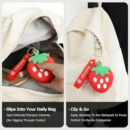 【Woyinger】 Fruit Shaped Silicone Earbud Case for AirPods, Tech Organizer Pouch with Keychain & Wrist Strap, Mini Cable Coin Wired/Wireless Earphone Holder, Strawberry - color: A2-Strawberry
