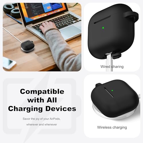 for AirPods 4 Case Silicone Protective Cover, Black | Compatible for Apple AirPods 4th Generation with Cleaner Kit & Keychain, Wireless Charging Compatible - color: Black