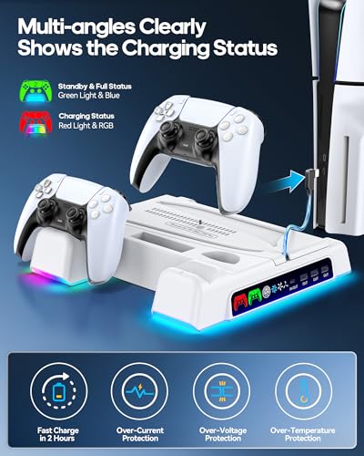 Cooling Stand for PS5/ Slim/Pro Disc & Digital Console, PS5 Cooling Station with Dual Controller Charging Station for PlayStation 5 Console, P S5 Accessories Stand with AUTO Adjustable Fan - color: White
