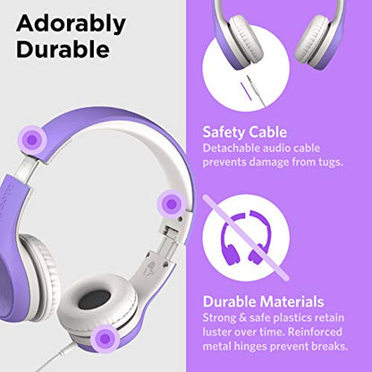 LilGadgets Connect+ Style On-Ear Kids Headphones with Microphone - SharePort Technology, SoftTouch Padding, Detachable Cable, Volume Limiting, Durable & Adjustable - Purple - color: Purple