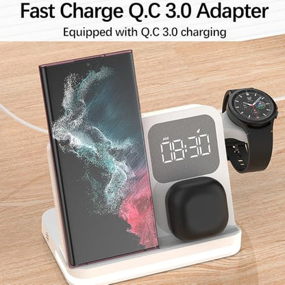 AYI 4in1 Multi Functional Wireless Charging Station with Digital Alarm Clock 15W Fast Charger Night Light Wireless Charger for All Qi Phone and Earbud Headphone Compliant with i-Watch-B22 White - color: Wireless Charger B22 White