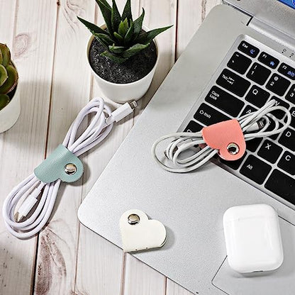 KALIONE 하트 코드 오거나이저 3팩 랩 매니저, USB 케이블 오거나이저 보관 PU 가죽 이어폰 보관 스트랩 휴대용 가방 충전 케이블 홀더 귀여운 헤드폰 케이스 여성 여아용 선물