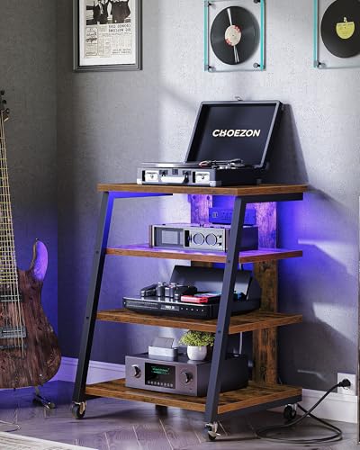 CHOEZON 4-Tier AV Media Stand with Wheels, Stereo Stands, Media Console Shelf with Power Strips, LED Lights, Wooden Audio Cabinet Rack Tower, Rustic Brown and Black TCJ60UDBF