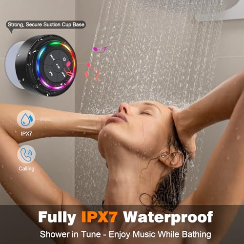 PEDVSTY Shower Speaker Bluetooth Waterproof, Mini Speaker with LED Lights | Wireless Speaker with Suction Cup, Floating, Crystal Sound, for Bathroom Travel Beach Pool, Ideal Electronic Gifts