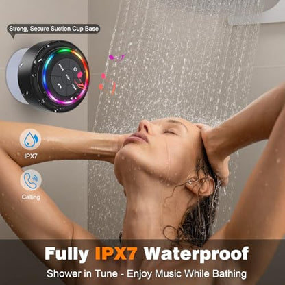 PEDVSTY Shower Speaker Bluetooth Waterproof, Mini Speaker with LED Lights | Wireless Speaker with Suction Cup, Floating, Crystal Sound, for Bathroom Travel Beach Pool, Ideal Electronic Gifts