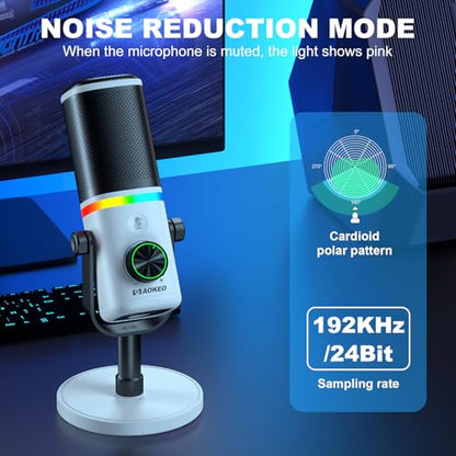 Microphone for PC, AK-10 USB/XLR Dynamic Desktop Microphone for Gaming,Podcast,Streaming with RGB Light,Volume Control,Mute Button,Noise Reduction(White) - color: White