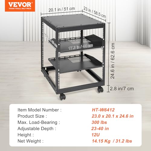 VEVOR 12U Open Frame Server Rack, 23-40 in Adjustable Depth, Free Standing or Wall Mount Network Server Rack, 4 Post AV Rack with Casters, Holds All Your Networking IT Equipment AV Gear Router Modem | Free Standing or Wall Mount, Heavy Duty 4 Post, with 4