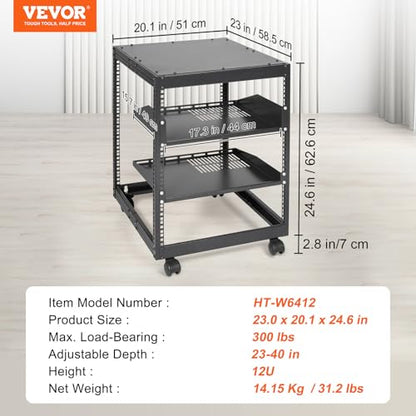 VEVOR 12U Open Frame Server Rack, 23-40 in Adjustable Depth, Free Standing or Wall Mount Network Server Rack, 4 Post AV Rack with Casters, Holds All Your Networking IT Equipment AV Gear Router Modem | Free Standing or Wall Mount, Heavy Duty 4 Post, with 4