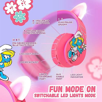 PowerLocus Bluetooth Headphones for Kids, Wireless Foldable Headphones Over Ear, Headphone with Microphone, 85/94dB Volume Limit, Wireless and Wired Headset with Micro SD, FM for Phones/Tablets/PC/TV - color: The Smurfs Collection