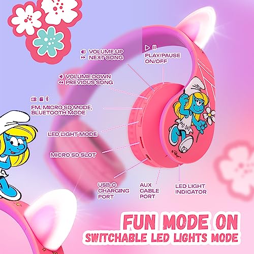 PowerLocus Bluetooth Headphones for Kids, Wireless Foldable Headphones Over Ear, Headphone with Microphone, 85/94dB Volume Limit, Wireless and Wired Headset with Micro SD, FM for Phones/Tablets/PC/TV - color: The Smurfs Collection