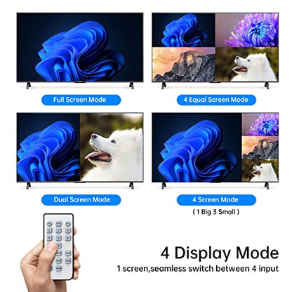 HDMI Multiviewer Switch 4x1, HDMI Quad Multiviewer Switcher 4 in 1 Out, Supports 4 Display Mode 1080@60Hz with IR Remote - size: 1080p 4x1 w/o KVM