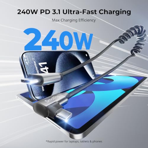 SmallRig USB C to USB C Coiled Data Cable (Straight to Angled), 240W PD 3.1 Fast Charging Cable, USB 2.0 Data Transfer, TPU Coiled Design, Aluminum Alloy Shell for iPhone, Laptops, Tablets & More-5730 - size: 240W / 1.15FT-4.92FT, style: Straight to Angle