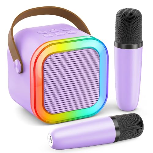 Mini Karaoke Machine, Portable Bluetooth Speaker & 2 Wireless Microphones | Karaoke Player Karaoke Microphone For Family Home Party Outdoor With HI-FI Sound | 5 Magic Sound | PA System | USB | TF | AUX - color: Light Purple