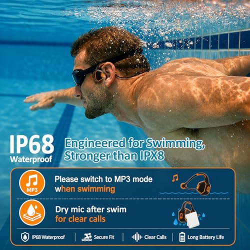 Bone Conduction Swimming Headphones, IP68 Waterproof Open-Ear Bluetooth 5.3 with 32GB MP3 Player - color: Orange