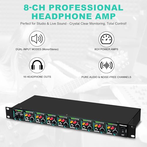 8-Channel Headphone Mixing Distribution Amplifier, Mountable High-Power Headphone Splitter Amp with Mono/Stereo Modes, 16 Headphone Outs, LED Meters for Studio & Live Sound Monitoring