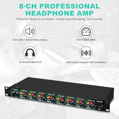 8-Channel Headphone Mixing Distribution Amplifier, Mountable High-Power Headphone Splitter Amp with Mono/Stereo Modes, 16 Headphone Outs, LED Meters for Studio & Live Sound Monitoring