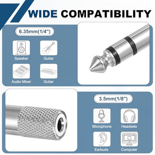 MECCANIXITY 4Pcs TRS6.35mm Male to 3.5mm Female 1/4" Plug to 1/8" Silver | Stereo Headphone Adapter, Jack, Audio Converter, Nickel Plated, for Guitars Speakers Computers Signal Conversion