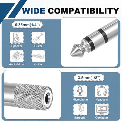 MECCANIXITY 4Pcs TRS6.35mm Male to 3.5mm Female 1/4" Plug to 1/8" Silver | Stereo Headphone Adapter, Jack, Audio Converter, Nickel Plated, for Guitars Speakers Computers Signal Conversion