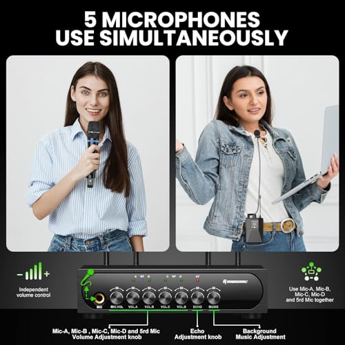 4 Channel UHF Wireless Mic Set with Handheld/Bodypack/Headset/Lapel Mics with Bluetooth Receiver Box + Volume Control Echo for Karaoke PA DJ Party (Wireless Microphone System)