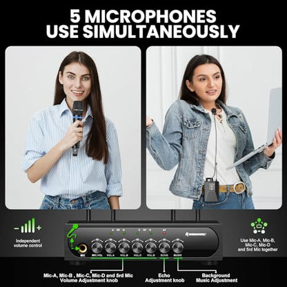 4 Channel UHF Wireless Mic Set with Handheld/Bodypack/Headset/Lapel Mics with Bluetooth Receiver Box + Volume Control Echo for Karaoke PA DJ Party (Wireless Microphone System)