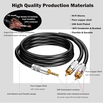 3.5mm to RCA Cable, Aux Stereo Audio Adapter Jack 1/8 to RCA Audio Y Cord for Headphone,MP3,Tablet,Speaker,MP3,HDTV,Phone,Black, 9.8FT - size: 9.8FT, style: Straight 3.5mm