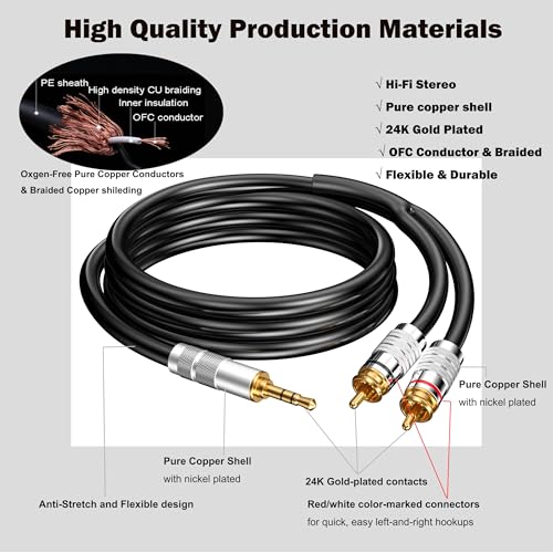 3.5mm to RCA Cable, Aux Stereo Audio Adapter Jack 1/8 to RCA Audio Y Cord for Headphone,MP3,Tablet,Speaker,MP3,HDTV,Phone,Black,6.5FT - size: 6.5FT, style: Straight 3.5mm