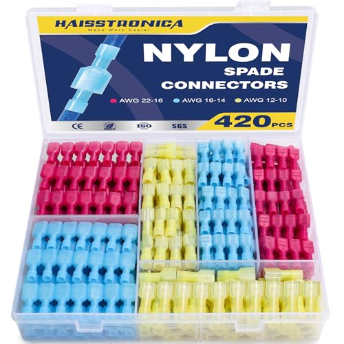 haisstronica 420 PCS Nylon Spade Connector, Male/Female, AWG 22-10 | Thick Crimp Barrels, Thick-Wall Nylon Sleeves, Auto and Trailer Repairs, Marine Wiring, Quick-Disconnect Wire Crimp Terminals - size: 420 PCS