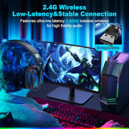 Fachixy Wireless Gaming Headset with Microphone for PC, PS5, PS4, Bluetooth Gaming Headphones - Fast Charge 50Hr Battery, Cool LED Lights for Switch, Laptop, Mobile, Mac 2.4GHz Gamer Headset
