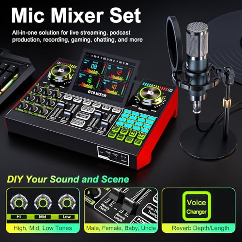 Podcast Equipment Bundle with Live Sound Card Audio Mixer, 3.5mm Condenser Microphone for PC/Phone Streaming and Singing, Podcast Microphone Bundle with Voice Changer sound board