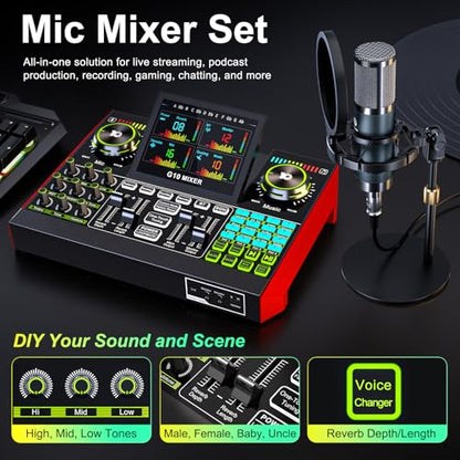Podcast Equipment Bundle with Live Sound Card Audio Mixer, 3.5mm Condenser Microphone for PC/Phone Streaming and Singing, Podcast Microphone Bundle with Voice Changer sound board