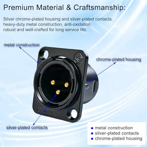 RIVIERA XLR Panel Mount Chassis 3pin Male & Female Nickel Plated Metal Housing and 24K Gold-Plated Contacts (5 Male Black) - color: Black, size: Male