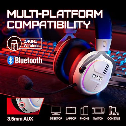 OXS Storm G2 Wireless Gaming Headsets, 7.1 Virtual Surround Sound, 3 EQ Modes, 2.4G Low Latency, 50mm Driver, 40H Playtime, RGB Light, Bluetooth 5.3, Compatible with PC, Console, Mobile, White - color: White