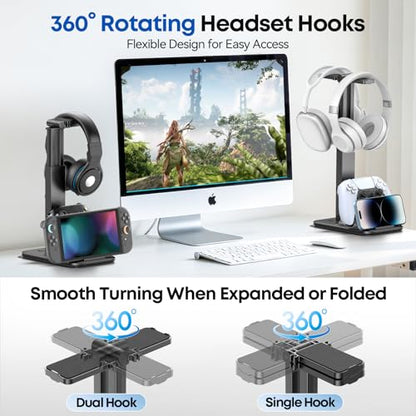 Height Adjustable Dual Headphone Stand, 360° Rotatable Gaming Headset Holder with Controller & Phone Stand, All-in-One Desk Organizer for PS5/Xbox/Switch Controllers/iPad, Desktop Game Accessories