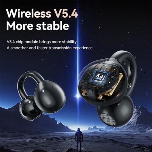 Open Ear Clip Headphones Wireless Earbuds Bluetooth 5.4 Sports Earphones with Wireless LED Touch Screen Waterproof in Ear Earphones for Pad Tablet Laptop Android/iOS Phones (Black) - color: Black