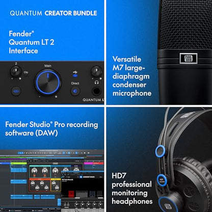 Fender Quantum Creator Bundle | Home Recording Kit with Quantum LT 2 USB-C Interface, M7 Condenser Microphone, HD7 Headphones, XLR Cable, Mic Stand, Fender Studio Pro, Beginner Studio Bundle | Includes Quantum LT 2 USB-C Interface, M7 Condenser Microphone