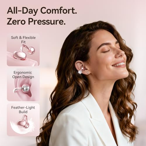 Kinglucky Clip-On Open Ear Earbuds with Detachable Diamond Earrings, Bluetooth 5.4 Open Ear Wireless Headphones for Women, 40H Playtime, Comfortable Small-Ear Fit, Rose Gold - color: Pink
