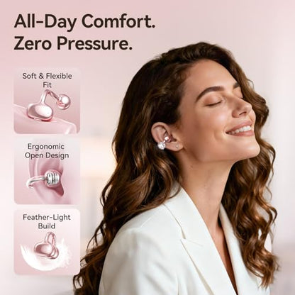 Kinglucky Clip-On Open Ear Earbuds with Detachable Diamond Earrings, Bluetooth 5.4 Open Ear Wireless Headphones for Women, 40H Playtime, Comfortable Small-Ear Fit, Rose Gold - color: Pink