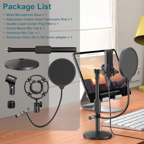Desktop Microphone Stand,Adjustable Height Mic Stand with Pop Filter Shock Mount Mic Clip 3/8" to 5/8" Adapter,Compatible with AT2020|AT2035|AT2040|QuadCast S|Razer Seiren X| Blue Snowball |Shure