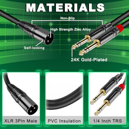 XLR Male to Dual 1/4" 6.35mm TS Mono Y Splitter Adapter Microphone Cable Quarter Inch Plug Audio Connector Metal Shell with Fastening Nylon Strap, for Mixer Amplifier (1.4Ft) - color: XLR to Dual TS