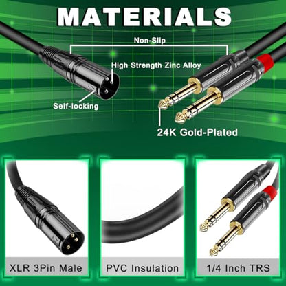 XLR Male to Dual 1/4" 6.35mm TS Mono Y Splitter Adapter Microphone Cable Quarter Inch Plug Audio Connector Metal Shell with Fastening Nylon Strap, for Mixer Amplifier (1.4Ft) - color: XLR to Dual TS