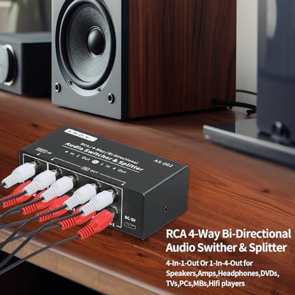 RCA 4-Way Bi-Directional Audio Switcher Splitter, 1 in 4 Out / 4 in 1 Out Stereo L/R Sound Channel Audio Switch Selector Splitter Box with Remote Control for Speakers Headphones Amps (Black)