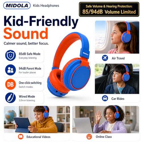 Kids Bluetooth Headphones Wireless 68 Hours,Safe Volume Limit 85/94dB Blue | Adjustable Headband Foldable Over-Ear Lightweight Headsets for Toddler Girls Boys Tablet/iPad,HD Stereo,Built-in Mic - color: Blue