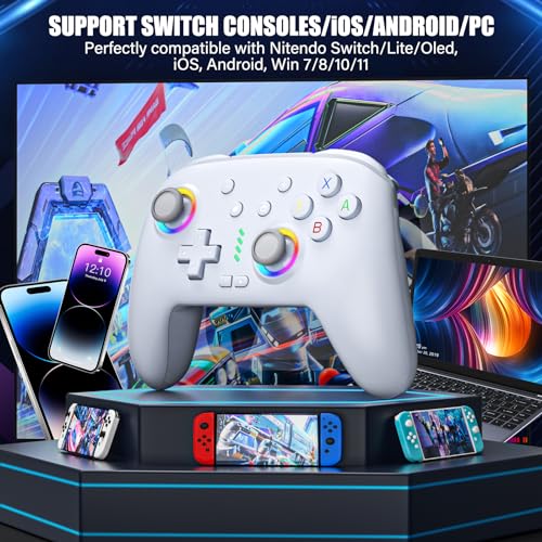HUDOBBYE Switch Pro Controller Wireless for Switch/OLED/Lite Accessories, Wireless iOS Android Remote Gamepad, Wired PC Game Joystick, Switch Turbo Controller with 10 Cool Led Light,Programmable - color: LED White