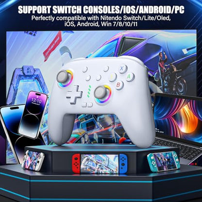 HUDOBBYE Switch Pro Controller Wireless for Switch/OLED/Lite Accessories, Wireless iOS Android Remote Gamepad, Wired PC Game Joystick, Switch Turbo Controller with 10 Cool Led Light,Programmable - color: LED White