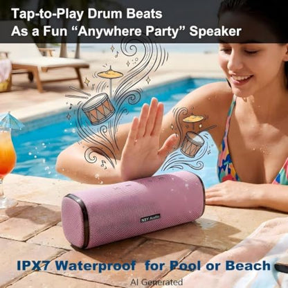 IPX7 Waterproof Bluetooth Shower Speaker | 30W RMS (40W Peak) Floating Pool Speaker, RGB Sync Lights, Built-in Mic for Hands-Free Calls, Pink - color: Pink