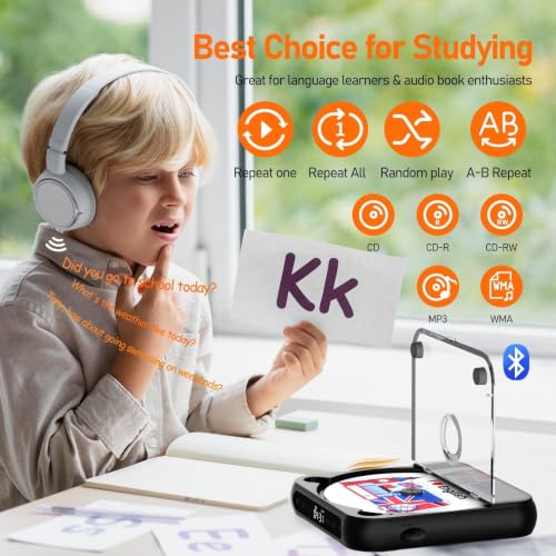 ENVYCLOUD CD Player Portable with Dual Stereo Speakers, Rechargeable Portable CD Player with Bluetooth for Home with Headphones,Black - color: black